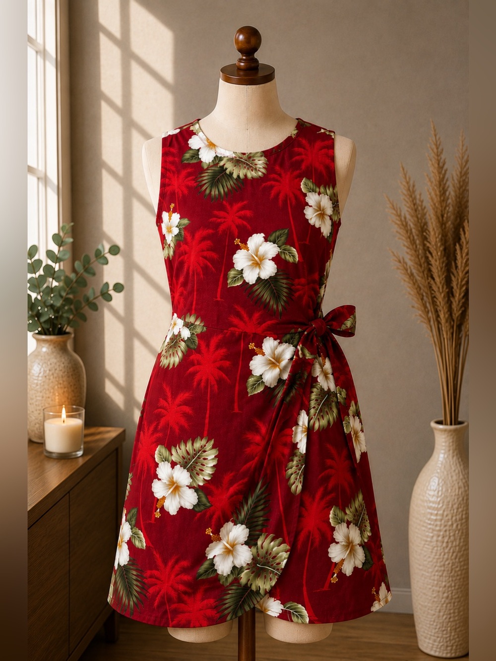 Vintage Pacific Legend Hawaiian Wrap Dress Red Floral 100% Cotton Large